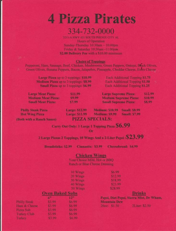 4 Pizza Pirates menu 2